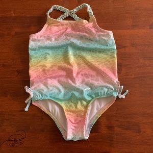 Penelope Mack Girls 6x - 1 Piece Rainbow Cat Swimsuit - Pink, Green, Yellow